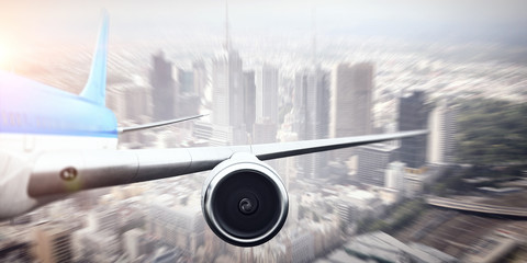 Airliner high in sky . Mixed media