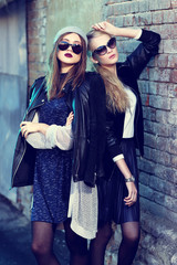 Fashion portrait of two young women in sunglasses.