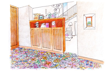 hand drawn colored sketch of living room interior design