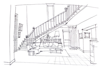 sketch of living room design with furniture in multistory apartment