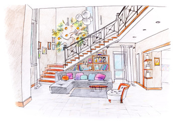 colored hand drawing of modern room design. blueprint of living room with furniture.