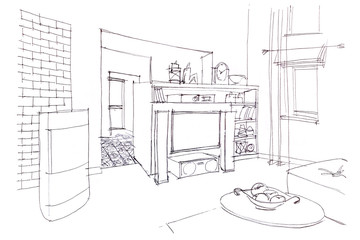 modern room interior. graphical sketch of living room with furniture blueprint.