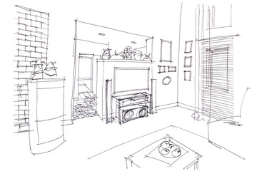 modern room design with graphical hand drawn sketch of furniture 