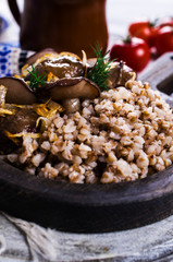 Boiled buckwheat with mushrooms