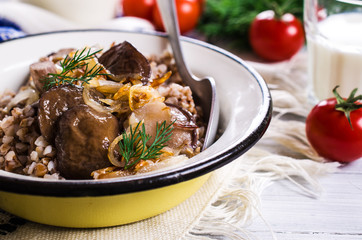 Boiled buckwheat with mushrooms