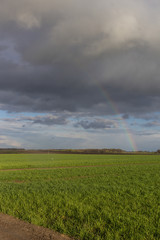 Dark clouds and a rainbow over the pasture with green grass. Early Spring on Podlasie, Eastern Poland.