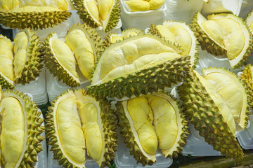Close up durian flesh yellow gold on the market, Tropical Fruit