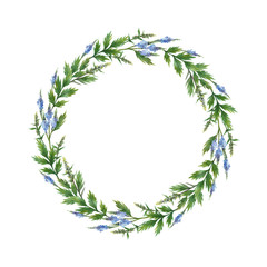 Watercolor hand painted round wreath with Blue vervain.