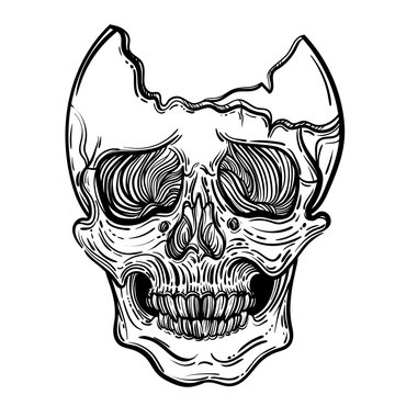 Vector illustration with a human skull. Gothic brutal skull. For print t-shirts or book coloring.
