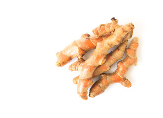 Fresh turmeric roots on white background, herb and healthy care concept