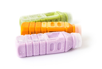 Thai milk tea, matcha milk, taro milk bottle on white background