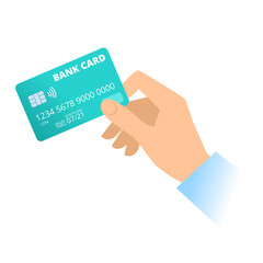 A human hand holds a bank plastic credit card. Technology, online banking, shopping and payment flat concept illustration. Vector material design element isolated on white background.