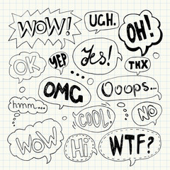 Hand drawn set of speech bubbles with handwritten text: Yes,Wow,Oh,Thx, Ooops,Wtf,Cool,Omg,Ok,Hmm...,No,Ugh,Yep,Ok,Hi