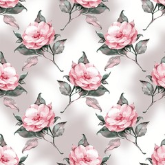 Hand drawn watercolor floral seamless pattern with pink flowers