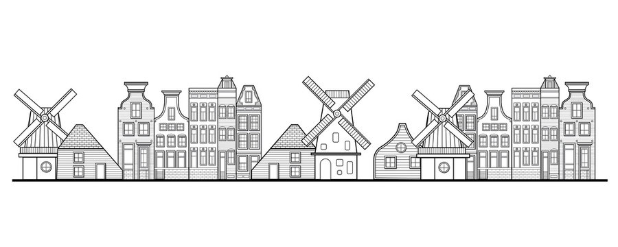 Amsterdam houses, windmill and city style Netherlands