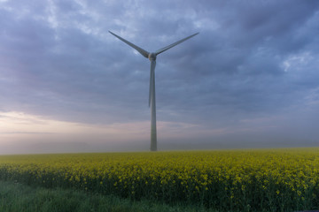 wind wheels at sunrise and fog with dark clouds