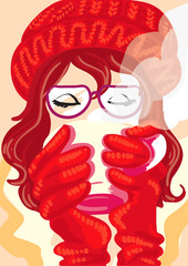 Cool season / Creative conceptual vector. Woman holding a cup of coffee.