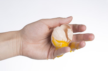Hand holding an egg, strong hand and weak egg, the contrast.