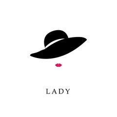 Woman with pink lips in fashion hat. Abstract vector logo design template with girl silhouette. 