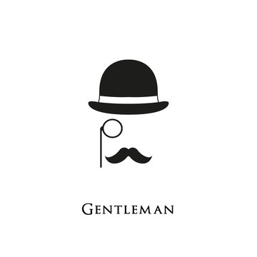 Gentelman logo. Mustache and Glasses hipster hat sunglasses. 