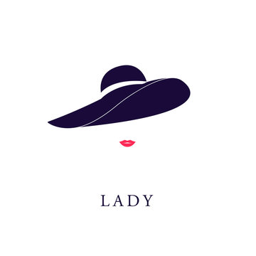 Lady elegant in Hat. dark blue silhouette and pink lips