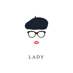Beautiful trendy French woman wearing glasses and beret. Fashion girl portrait. - obrazy, fototapety, plakaty
