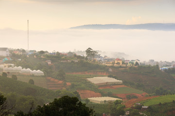 Da Lat city in early morning fog, Lam Dong, Vietnam. Da Lat is one of the beautiful and the famous city in Viet Nam.