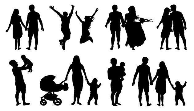 Silhouette of couple, family with children, isolated vector set on white background