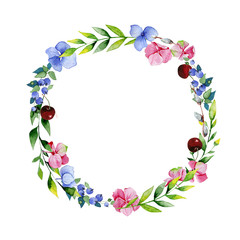 Naklejka na ściany i meble Watercolor yellow flower and herbs circle . May be used for decoration print, invitation card decor. Wedding wreath. Blue hydrangea flowers, pink hydrangea, blueberry and cherry watercolor.