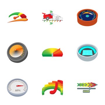 Engine speedometer icons set, cartoon style