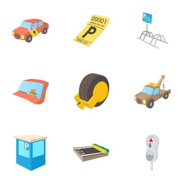 Parking station icons set, cartoon style