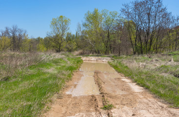 Fototapeta na wymiar Spring landscape with clay dirty road in rural Ukrainian area