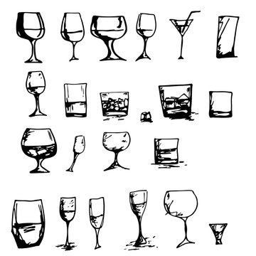 Vector set of glasses goblets in ink hand drawn style.