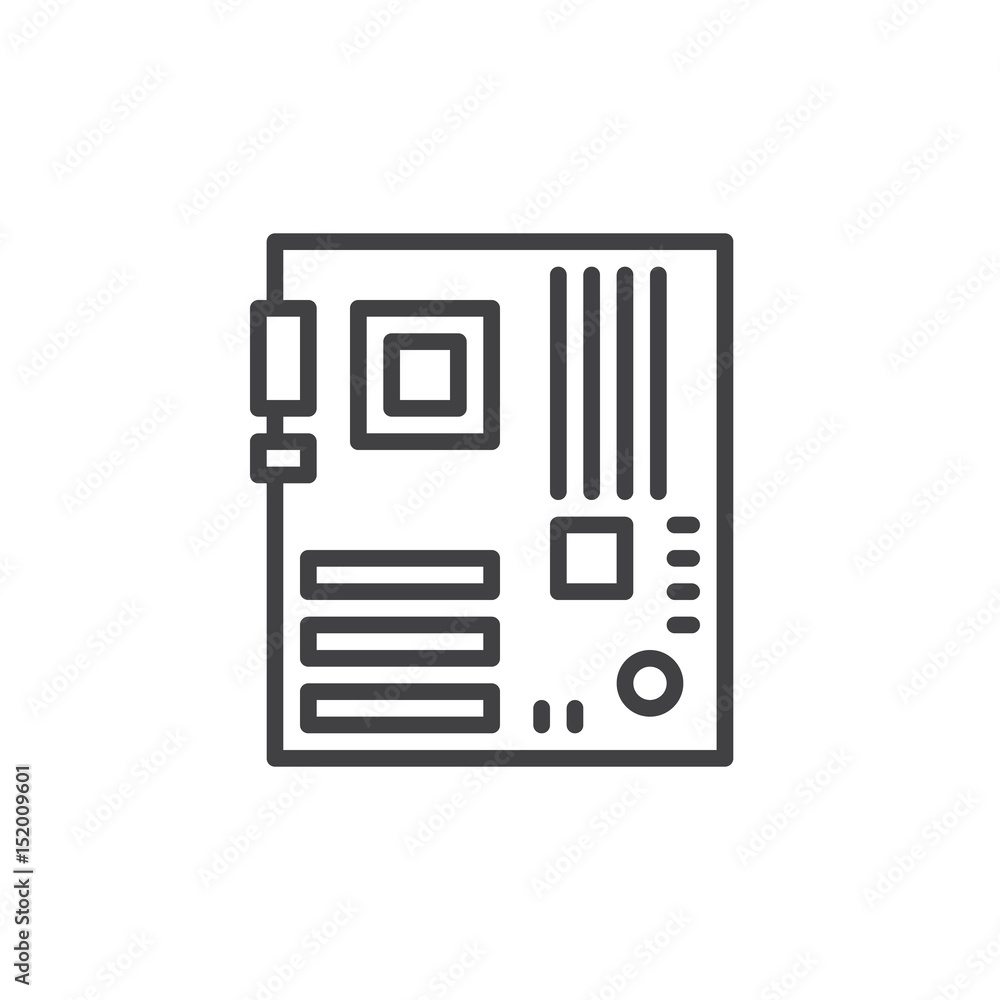 Poster computer hardware, motherboard line icon, outline vector sign, linear style pictogram isolated on wh