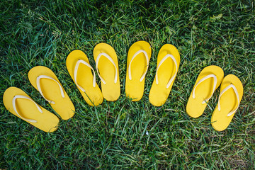 Closeup of flip flops on green grass