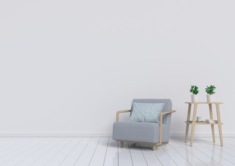 Living room with grey armchair and plant on white wall background. 3D rendering