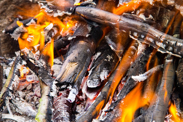 Flame of bonfire. Burning firewood in the fireplace closeup