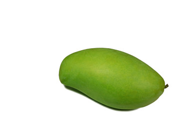 One vibrant green young mango on white background with free space for text and design 