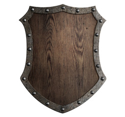 medieval wooden shield isolated 3d illustration - obrazy, fototapety, plakaty