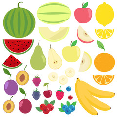Set of fresh healthy fruits isolated. Flat design. Organic farm illustration. Healthy lifestyle vector design elements. Slices and halves of fruits