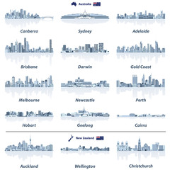 Fototapeta premium ilustracji wektorowych z Australii i Nowej Zelandii sylwetki na tle nieba z odbiciami wody w odcieniach niebieskiej palety kolorów. Mapa i flaga Australii i Nowej Zelandii.