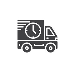 Delivery truck with clock icon vector, filled flat sign, solid pictogram isolated on white. Symbol, logo illustration. Pixel perfect