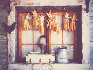 Wooden old window with decoration object.