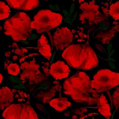 Foto op Plexiglas Klaprozen Naadloze achtergrondpatroon papaver, korenbloemen, lelie, kamille, rozen met bladeren en lieveheersbeestje op wit. Hand getekend