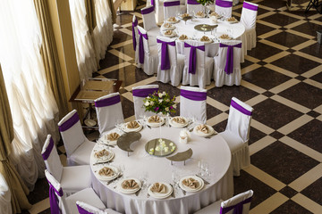 Wedding banquet hall. Round tables. Top view
