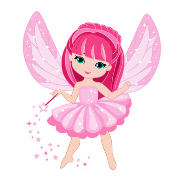 Beautiful little fairy with pink hair. Vector illustration isolated on white background.