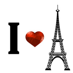 Fototapeta na wymiar Eiffel Tower Silhouette and Red Polygonal Glass Heart Isolated on White Background