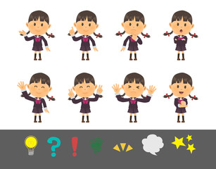 セーラー服のおさげ少女ポーズ8種