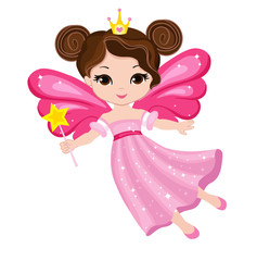 Beautiful little fairy in a pink dress with a magic wand. Vector illustration isolated on white background.