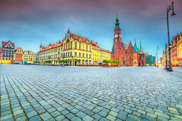 Fototapeta na wymiar Fantastic morning scene in Wroclaw on Market Square, Poland, Europe